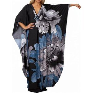 Women Blue & Grey Sleeve Oversized V-Neck Batwing Beach Dress Resort Caftan Maxi
